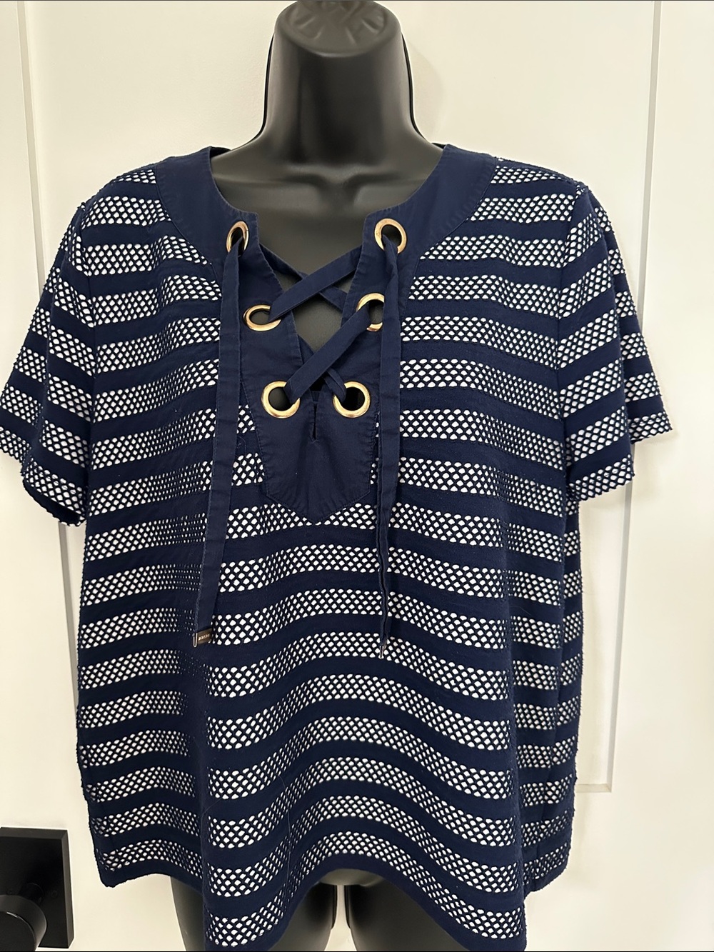 MICHAEL Michael Kors Navy and White Lace-Up Striped Mesh Top